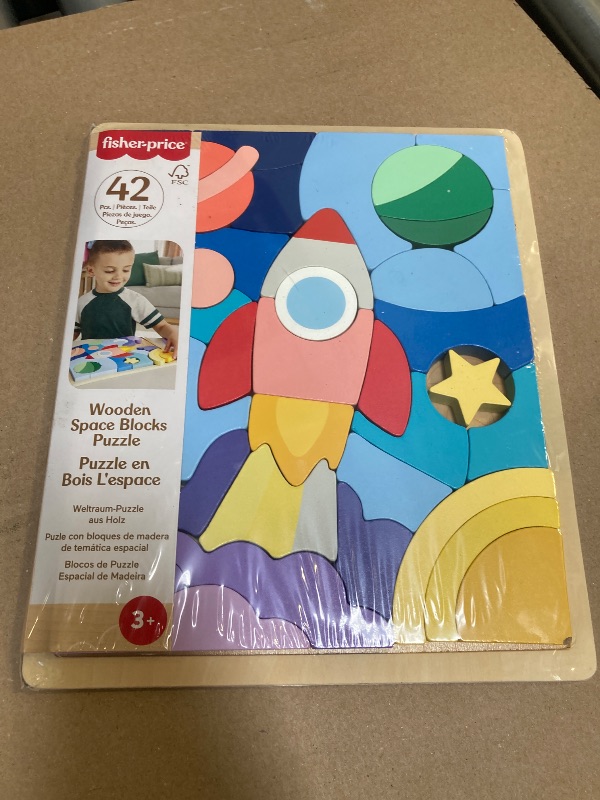 Photo 1 of Fisher-Price Wood Preschool Toy Space Blocks Jigsaw Puzzle, 42 Wooden Pieces for Stacking & Sorting Play Kids Ages 3+ Years