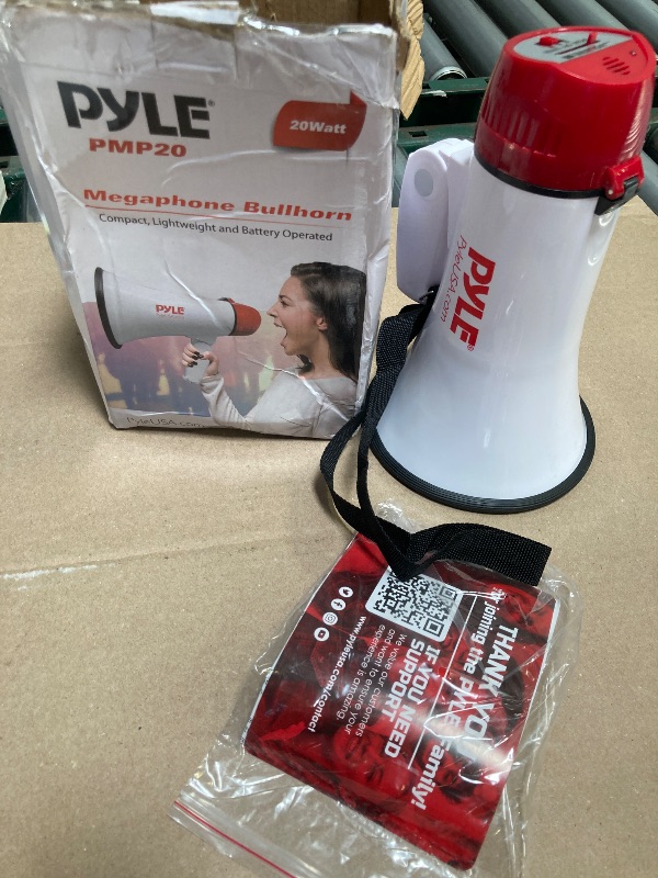 Photo 1 of Pyle 20W Megaphone Bullhorn - 5.4'' x 8.6'' Portable Megaphone, Projection Range Up to 800 Sq. Yards, Voice Talking & Siren Alert, Shoulder Strap, Battery Operated, (White)