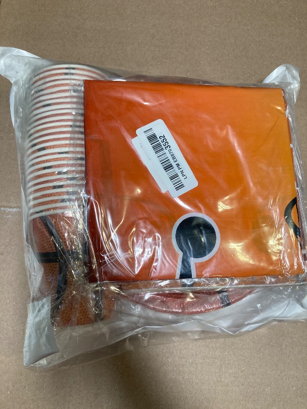 Photo 1 of durony 169 Pieces Basketball Party Supplies Basketball Themed Party Pack Including Paper Plates, Cups, Napkins, Spoons, Forks, Knives, Tablecloth for Basketball Themed Party, Serves 24 Guests