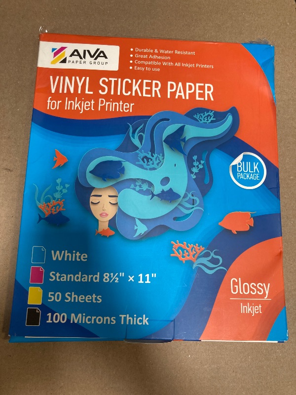 Photo 1 of Printable Vinyl Sticker Paper - Waterproof Decal Paper for Inkjet Printer - 50 Self-Adhesive Sheets - Glossy White - Standard Letter Size 8.5"x11"