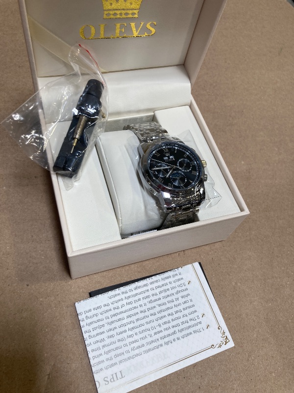 Photo 1 of OLEVS Watches for Men Automatic Mechanical Self Winding Dress Wrist Watch Multifunction Calendar Waterproof Luminous Silver Black