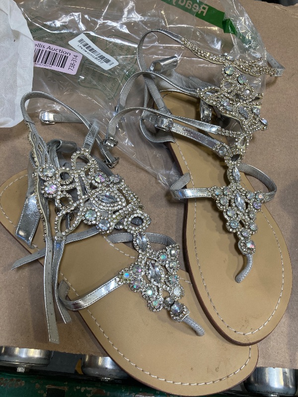 Photo 1 of Size 11--Hinyyrin Women's Rhinestone Gladiator Sandals Stylish Flats for Summer Beach Weddings Silver  Size 11