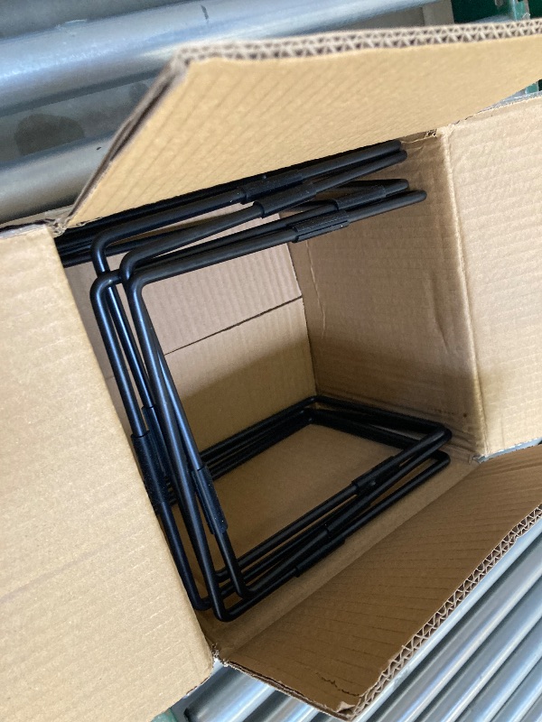 Photo 1 of MyGift Black Metal Pizza Table Stands, Tabletop Pizza Pan Riser Food Platter Tray and Display Rack, Set of 4