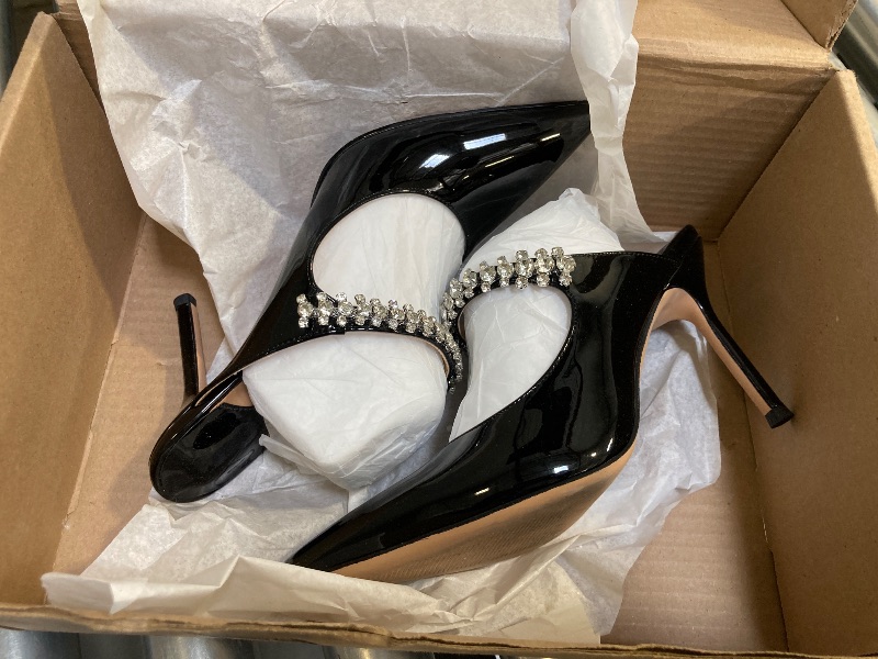 Photo 1 of JANSEVEN Mules Heels for Women Heeled Sandals Black with Rhinestone Pointed Closed Toe Slip On Patent Leather 4 Inches Bridal Wedding Shoes Sexy Size 7.5