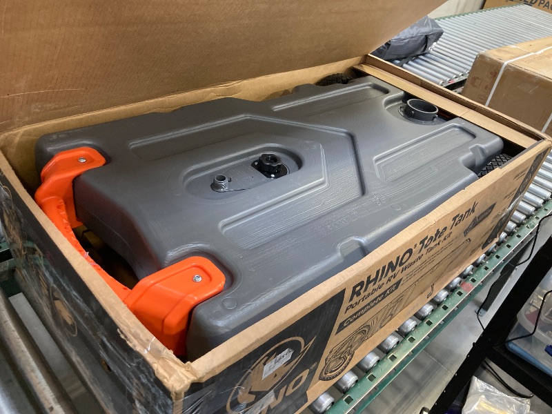 Photo 1 of  Camco Rhino 28-Gallon RV Tote Tank - Features Large Heavy-Duty No-Flat Wheels & Built-in Gate Valve - Removable Steel Tow Adapter, 3’ Sewer Hose & More RV Accessories (39004) 