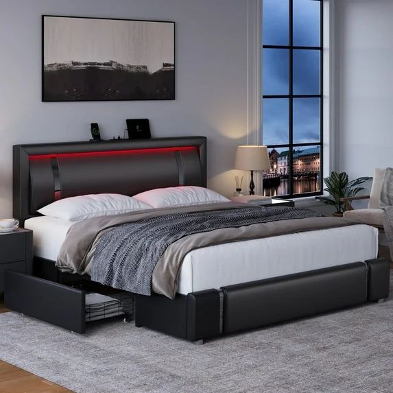 Photo 1 of Homfa Full Bed Frame with LED Lighted Headboard & USB Ports, PU Low Profile Storage Bed Frame with 2 Drawer, Adjustable Headboard, No Box Spring Needed, GREY