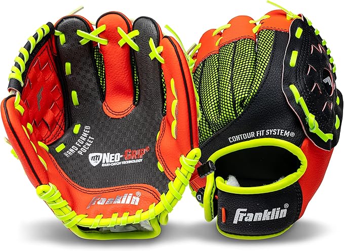 Photo 1 of Franklin Sports Teeball Glove - Left and Right Handed Youth Fielding Glove - Neo-Grip - Synthetic Leather Baseball Mitt - 9.0 Inch Left Hand Throw - Ready To Play with Ball - Red
