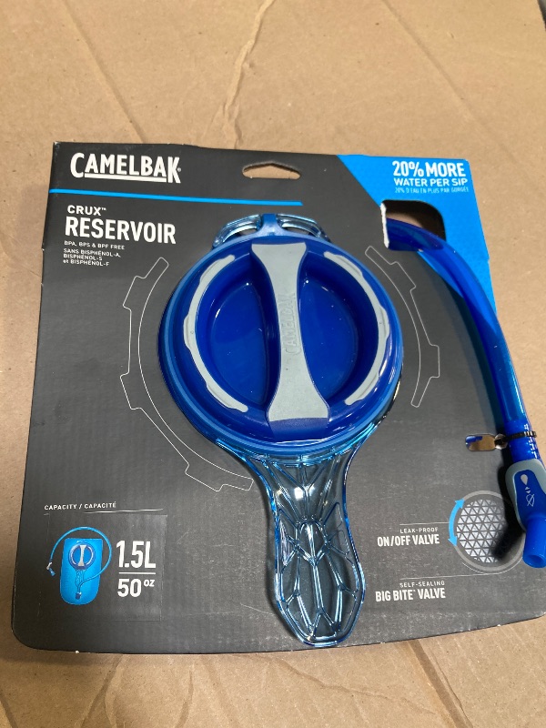 Photo 1 of CamelBak Crux 1.5-Liter Water Reservoir - Hydration Bladder - Faster Water Flow Rate - Leak-Proof Water Bladder - Ergonomic Shape - Big Bite Valve - BPA-Free - 50oz, Blue
