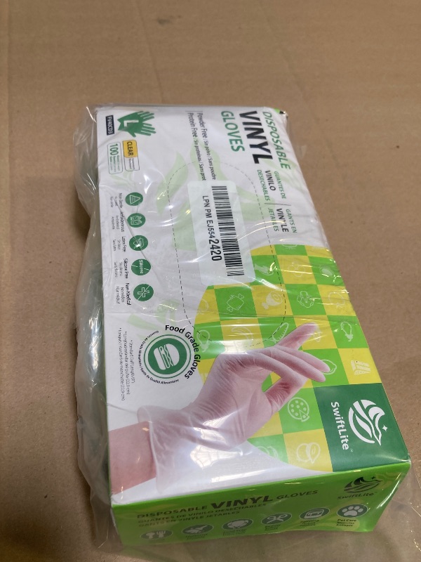 Photo 1 of SWIFTLITE Disposable Vinyl Gloves, Food Safe, Latex-Free Powder-Free Clear Plastic Gloves for Cooking, House Clean, Food Prep (100, Large)