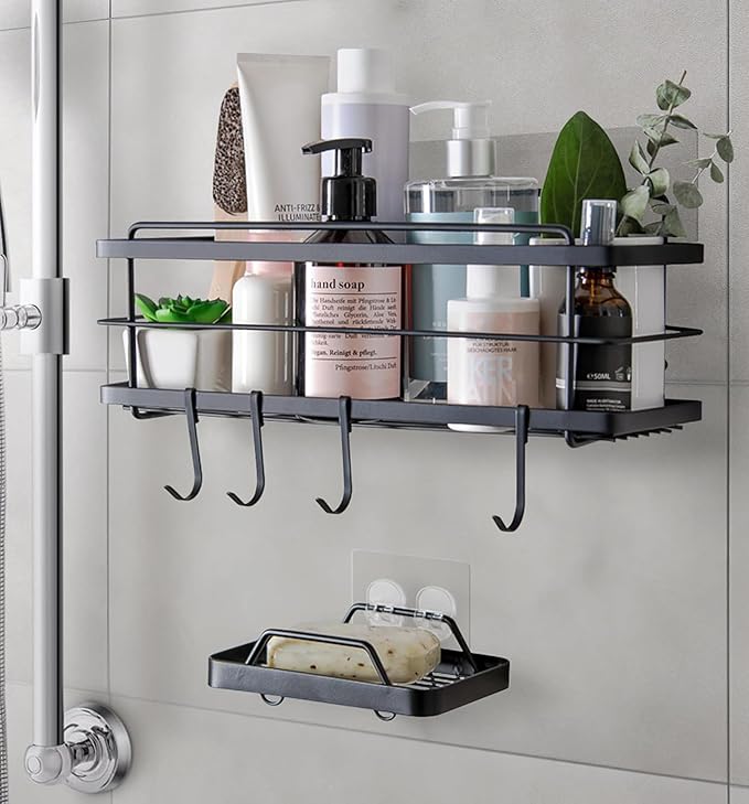 Photo 1 of KINCMAX Premium Shower Caddy with Soap Holder - Adhesive Bathroom Shower Organizer and Storage w/ 4 Hooks, No Drill Shower Shelves for Inside Shower, Rustproof Stainless Steel Shower Rack, Black