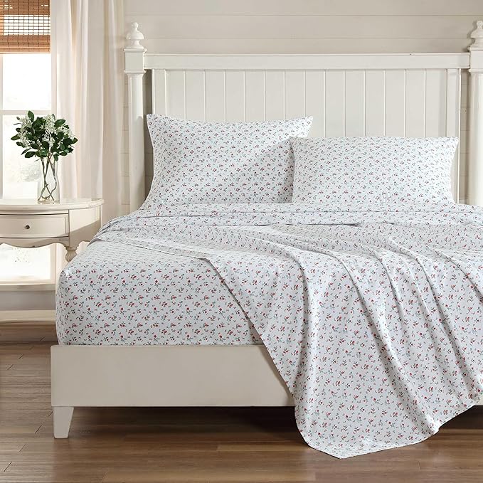 Photo 1 of Laura Ashley - Queen Sheet Set, Super Soft Cotton Percale Bedding Set with Matching Shams, Oeko-Tex Certified (Aylesmore Ditsy Red, Queen)