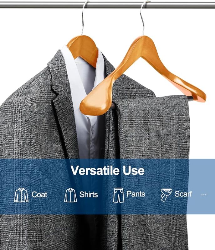 Photo 1 of HOUSE DAY Wide Shoulder Wooden Hangers 12 Pack, Wood Suit Hangers for Men with Non Slip Pants Bar, Smooth Finish Solid Wood Coat Hangers for Jacket, Pants, Dress, Heavy Clothes Hangers 