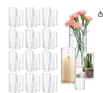 Photo 1 of 48 Pack Glass Cylinder Vases 4,6,8,10 Inch Tall Clear Flower Vase Hurricane Floating Candle Holder for Table Centerpiece Wedding Home Decor