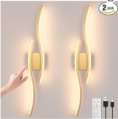 Photo 1 of Modern LED Wall Sconce Set of Two, Battery Powered Wall Sconces Set of 2 with Timer, Gold Wall Light with Remote, LED Wall Lamp Indoor not Hardwired for Bathroom Living Room Bedroom Corridor