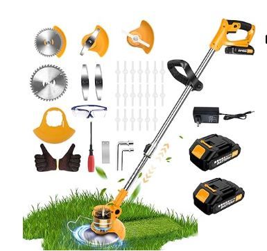 Photo 1 of 20000 RPM Electric Weed Wacker Cordless Eater, 21V Height Adjustable 6" Heavy-Duty Garden Edger Brush Cutter Cordless, Grass Trimmer Lawn Mower Trimmer with Blades, 2 Batteries, Charger (Yellow)