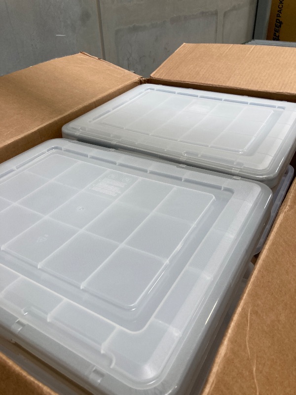 Photo 1 of IRIS USA File Box WeatherPro File Organizer Plastic File Box for Letter/Legal File, Water Resistant Document Box, Durable Lid, Seal w/ Secure Latching Buckles, Stackable, Nestable, Clear 32 Qt. 4Pack
