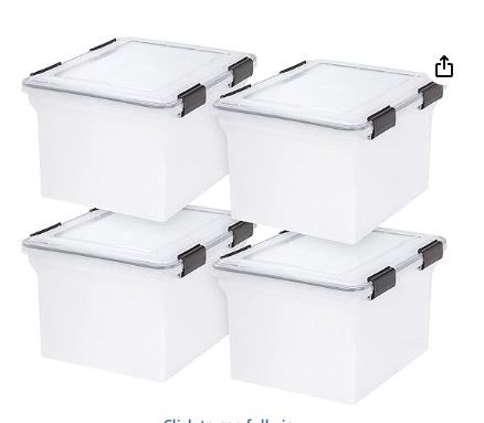 Photo 1 of IRIS USA File Box WeatherPro File Organizer Plastic File Box for Letter/Legal File, Water Resistant Document Box, Durable Lid, Seal w/ Secure Latching Buckles, Stackable, Nestable, Clear 32 Qt. 4Pack
