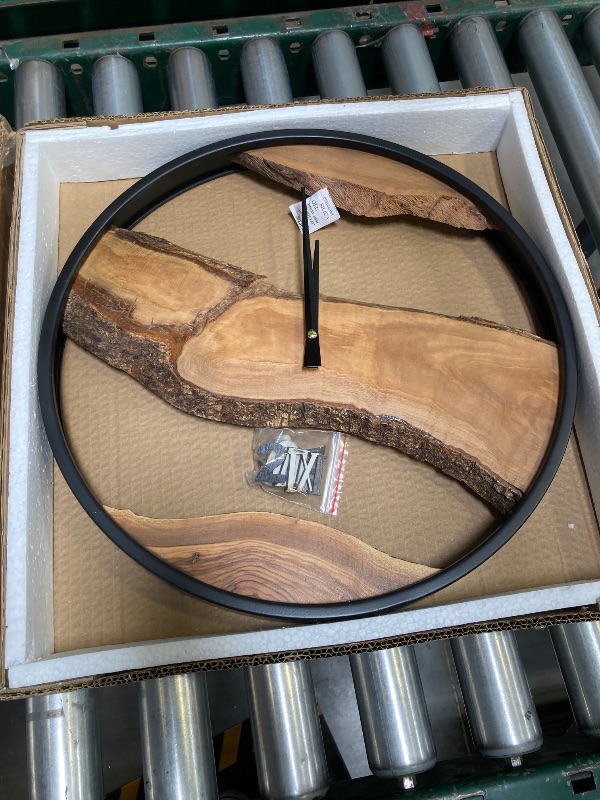 Photo 1 of Wooden Wall Clock Natural Wood, 16 inch Grain Handmade Silent Non-Timing Rustic Style Large Clock Irregular Shape Living Room Home Decor Modern Black Metal Frame Live Edge Clock (Log)