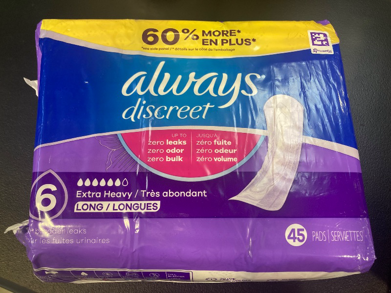 Photo 1 of Always Discreet Adult Incontinence Pads for Women, Extra Heavy Absorbency, Long Length, Postpartum Pads, 45 Count (Packaging May Vary)