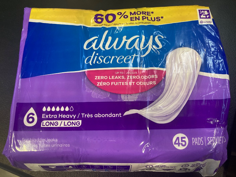 Photo 1 of Always Discreet Adult Incontinence Pads for Women, Extra Heavy Absorbency, Long Length, Postpartum Pads, 45 Count (Packaging May Vary)