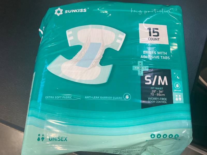 Photo 1 of SUNKISS Trust Plus Adult Diapers with Maximum Absorbency, Unisex Disposable Incontinence Briefs with Tabs for Men and Women, Odor Control, Small/Medium, 15 Count