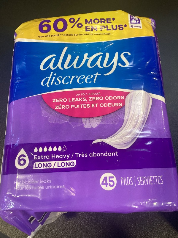 Photo 1 of Always Discreet Adult Incontinence Pads for Women, Extra Heavy Absorbency, Long Length, Postpartum Pads, 45 Count (Packaging May Vary)