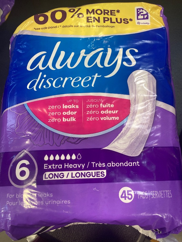 Photo 1 of Always Discreet Adult Incontinence Pads for Women, Extra Heavy Absorbency, Long Length, Postpartum Pads, 45 Count (Packaging May Vary)