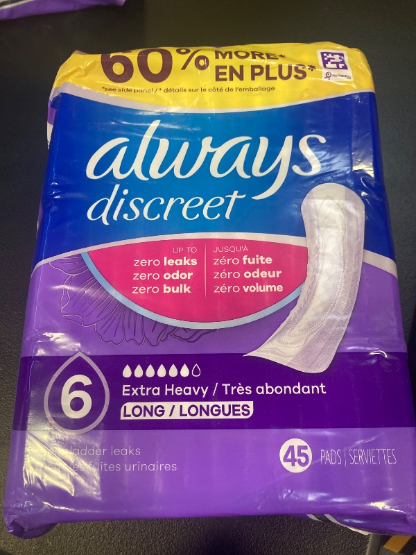 Photo 1 of Always Discreet Adult Incontinence Pads for Women, Extra Heavy Absorbency, Long Length, Postpartum Pads, 45 Count (Packaging May Vary)