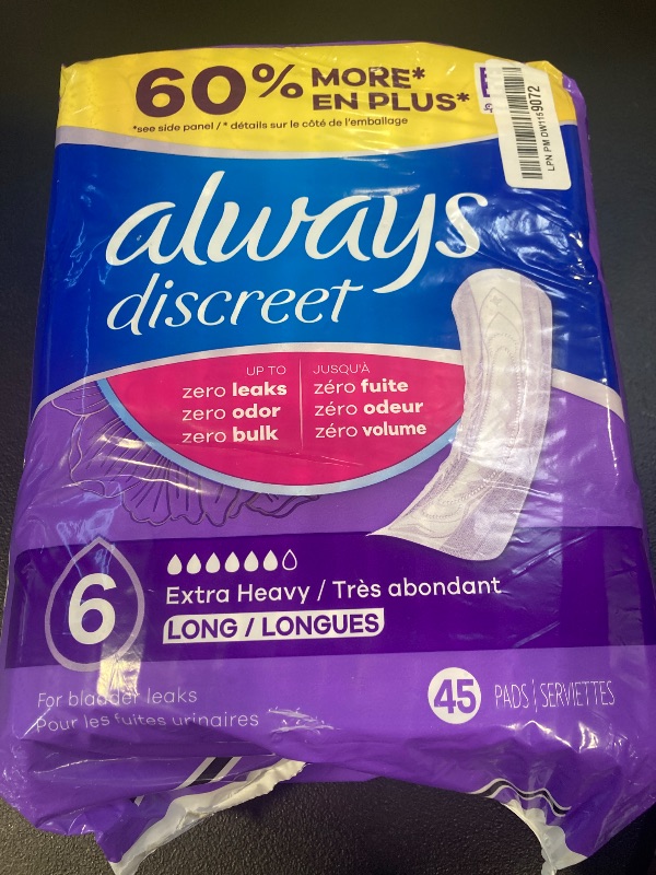Photo 1 of Always Discreet Adult Incontinence Pads for Women, Extra Heavy Absorbency, Long Length, Postpartum Pads, 45 Count (Packaging May Vary)