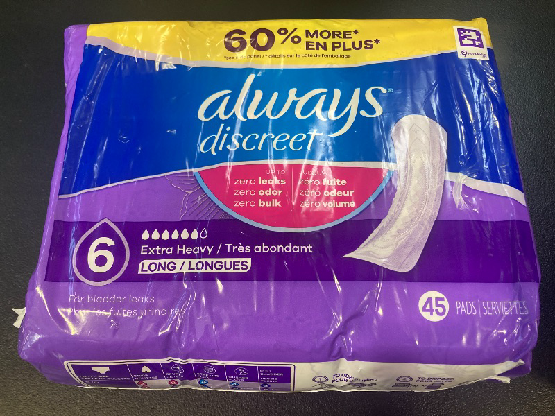 Photo 1 of Always Discreet Adult Incontinence Pads for Women, Extra Heavy Absorbency, Long Length, Postpartum Pads, 45 Count (Packaging May Vary)