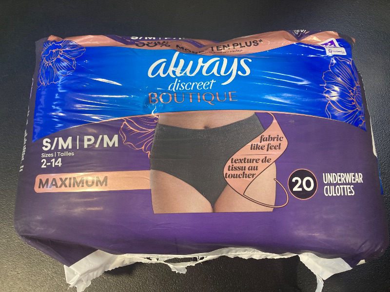Photo 1 of Always Discreet Boutique Incontinence and Postpartum Underwear for Women, Maximum Protection, S/M, Black, 20 Count (Packaging May Vary)