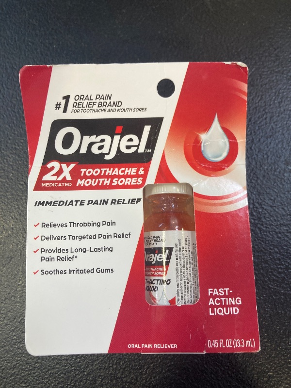 Photo 1 of Orajel 2X Medicated Toothache & Mouth Sores Liquid, 0.45 fl oz