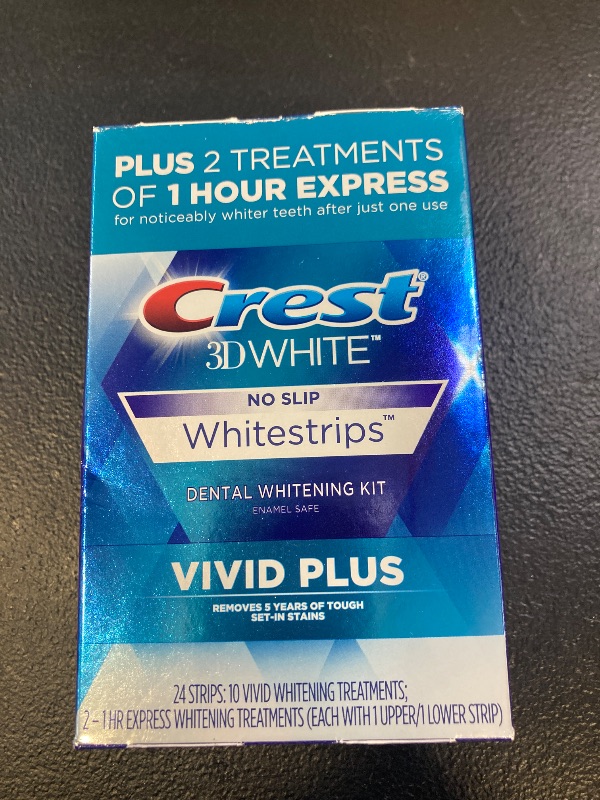 Photo 1 of Crest 3DWhitestrips Vivid Plus Whitestrips 3D White, 10 Treatments + 1 Hour Express 2 Treatments Teeth Whitening Kit, 8 Levels Whiter, Crest Teeth Whitening Strips