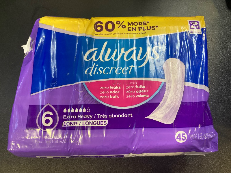 Photo 1 of Always Discreet Adult Incontinence Pads for Women, Extra Heavy Absorbency, Long Length, Postpartum Pads, 45 Count (Packaging May Vary)