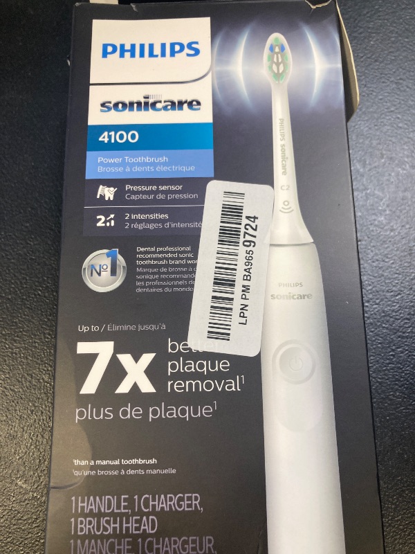 Photo 1 of Philips Sonicare 4100 Rechargeable Electric Toothbrush, with Pressure Sensor, 2 Intensity Settings, SmarTimer and QuadPacer, 14-Day Battery Life, White, Model HX3681/23