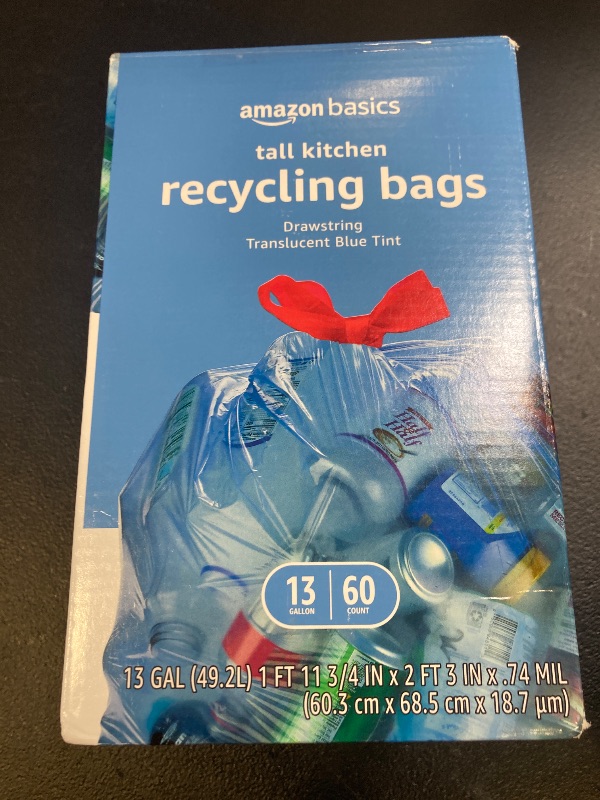Photo 1 of Amazon Basics Blue Recycling Trash Bags, Unscented, 13 Gallon, 60 count, Pack of 1
