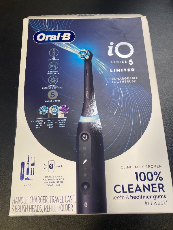 Photo 1 of Oral-B iO Deep Clean + Whiten Rechargeable Electric Toothbrush with Visible Pressure Sensor, 2 Minute Timer, 5 Cleaning Settings, 1 iO5 Limited, 3 Toothbrush Heads, Travel Case & Refill Holder, Black