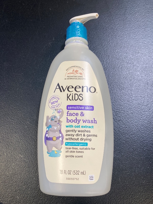 Photo 1 of Aveeno Kids Sensitive Skin Face & Body Wash With Oat Extract, Gently Washes Away Dirt & Germs Without Drying, Tear-Free & Suitable for All Skin Tones, Hypoallergenic, 18 fl. oz