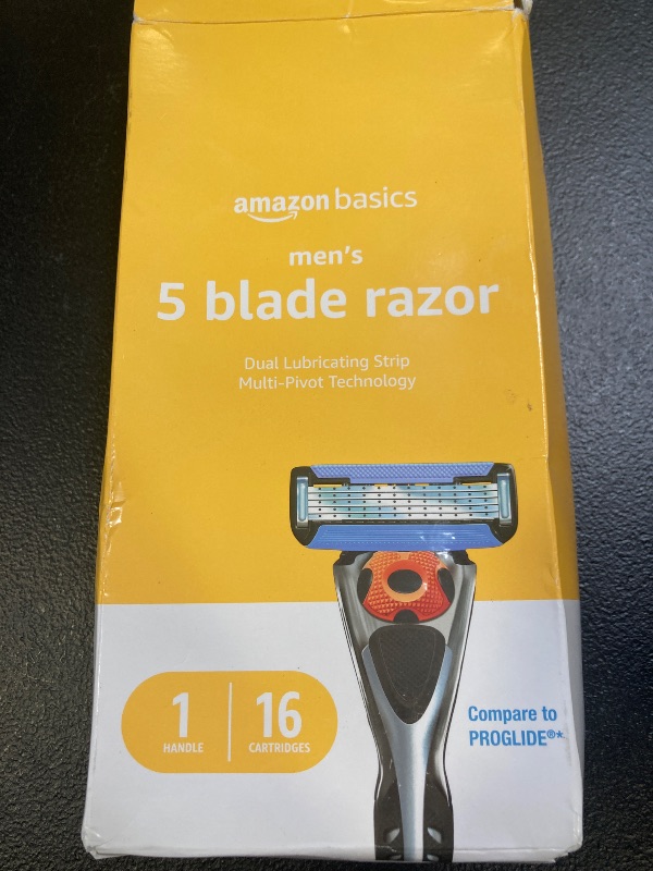 Photo 1 of Amazon Basics 5-Blade Motion Sphere Men's Razor with Dual Lubrication and Precision Trimmer, 17 Piece Set, 1 Handle & 16 Cartridges, Black