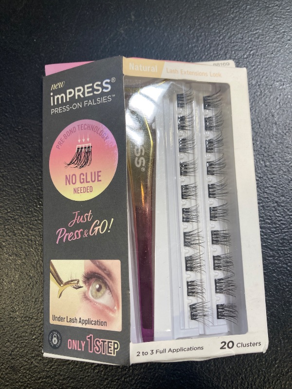 Photo 1 of KISS imPRESS Falsies Self Adhesive Eyelashes, Press On Lashes, 12mm-14mm Natural Volume Lashes, Black, No Glue Needed, Invisible Band, 36 Lash Clusters & Non-Stick Applicator - Natural