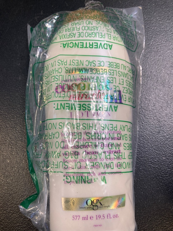 Photo 1 of OGX Extra Creamy + Coconut Miracle Oil Ultra Moisture Body Lotion with Vanilla Bean, Fast-Absorbing Body Lotion for All Skin Types, Paraben-Free and Sulfated-Surfactants Free, 19.5 Ounce