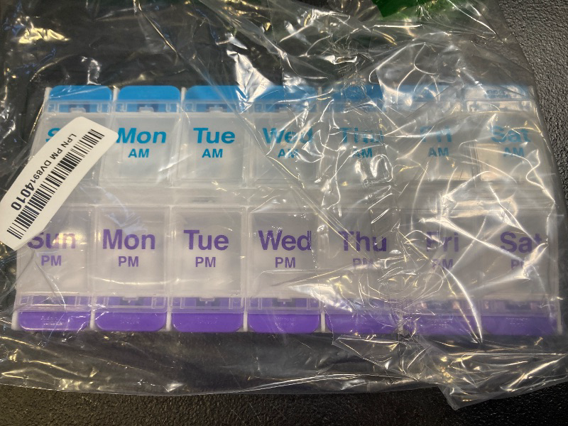 Photo 1 of EZY DOSE Push Button (7-Day) Pill Case, Medicine Planner, Vitamin Organizer, 2 Times a Day AM/PM, X-Large Compartments, Arthritis Friendly, Clear Lids, Purple and Blue, BPA Free