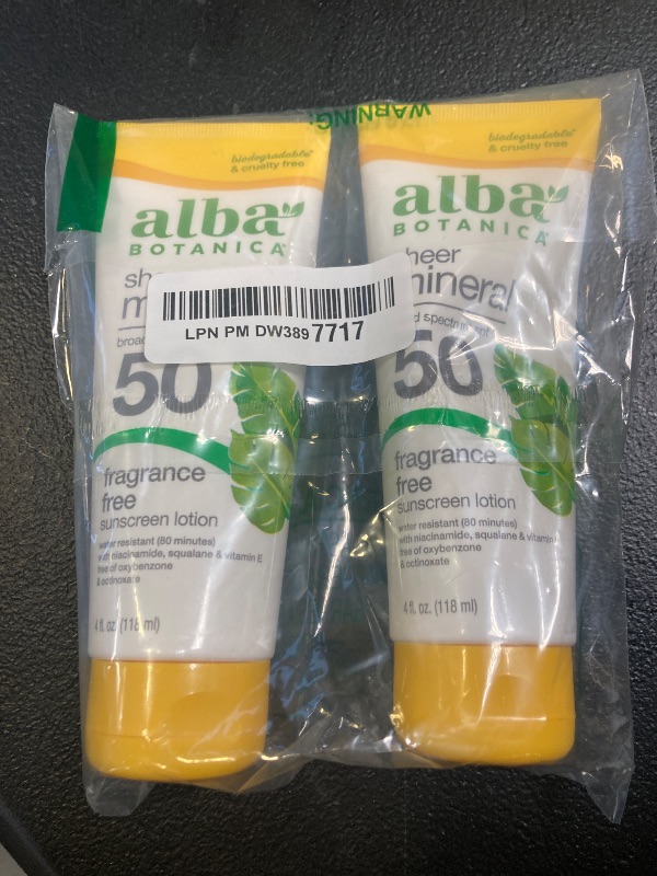 Photo 1 of Alba Botanica Mineral Sunscreen Lotion, Broad Spectrum SPF 50 Sunscreen, Water Resistant and Biodegradable, 4 fl. oz. (Pack of 2)