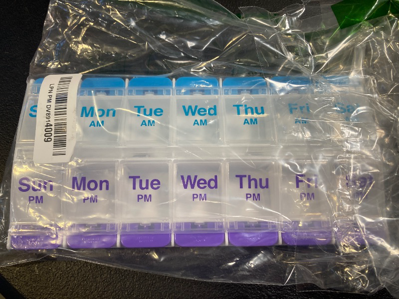 Photo 1 of EZY DOSE Push Button (7-Day) Pill Case, Medicine Planner, Vitamin Organizer, 2 Times a Day AM/PM, X-Large Compartments, Arthritis Friendly, Clear Lids, Purple and Blue, BPA Free