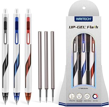 Photo 1 of WRITECH Retractable Gel Ink Pens: Low Center of Gravity 0.7mm Medium Point Pen Multicolor with Refills No Smear Silent Click Black Blue Red 3ct Up-Gel Flash