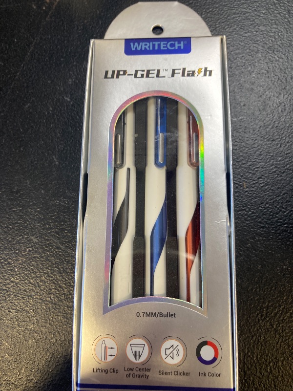 Photo 1 of WRITECH Retractable Gel Ink Pens: Low Center of Gravity 0.7mm Medium Point Pen Multicolor with Refills No Smear Silent Click Black Blue Red 3ct Up-Gel Flash
