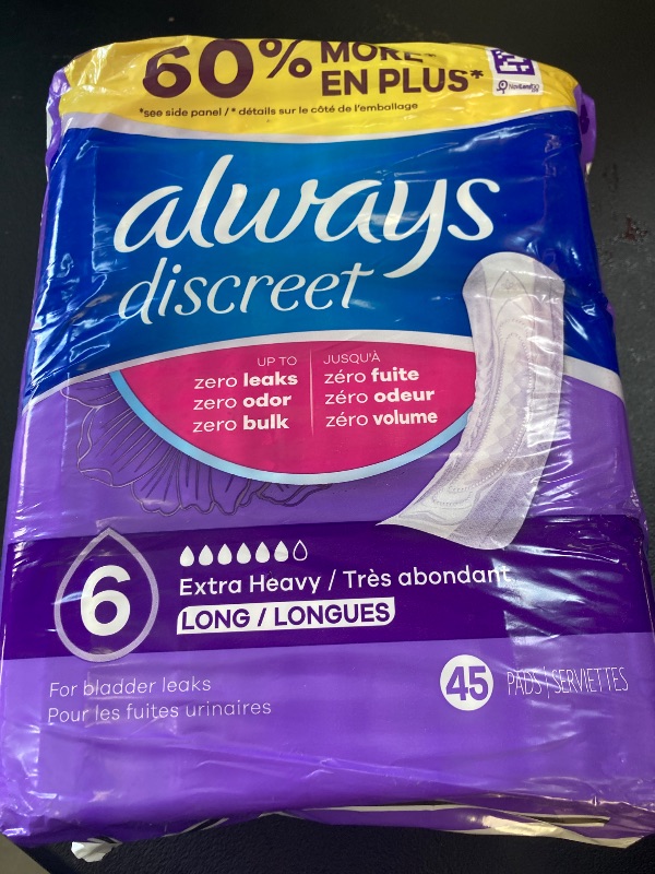 Photo 1 of Always Discreet Adult Incontinence Pads for Women, Extra Heavy Absorbency, Long Length, Postpartum Pads, 45 Count (Packaging May Vary)