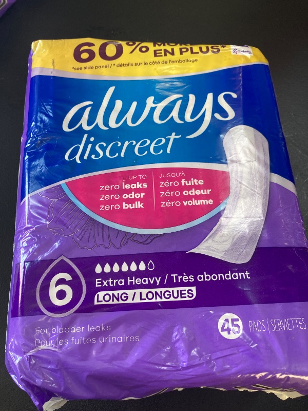 Photo 1 of Always Discreet Adult Incontinence Pads for Women, Extra Heavy Absorbency, Long Length, Postpartum Pads, 45 Count (Packaging May Vary)