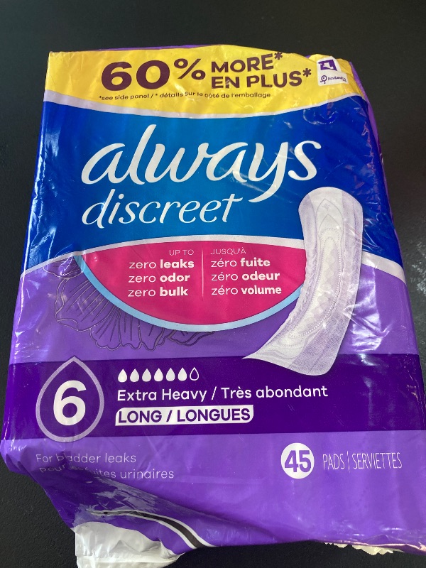 Photo 1 of Always Discreet Adult Incontinence Pads for Women, Extra Heavy Absorbency, Long Length, Postpartum Pads, 45 Count (Packaging May Vary)