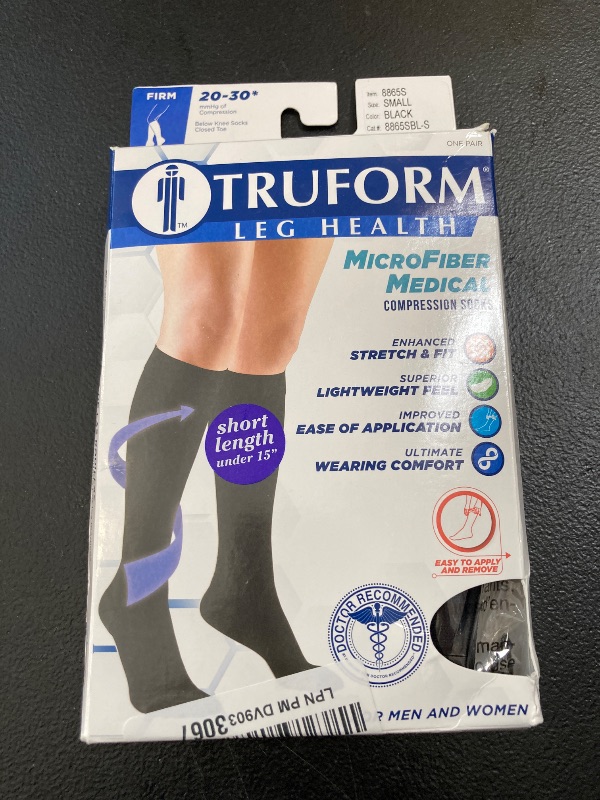 Photo 1 of Truform Short Length 20-30 mmHg Compression Stockings for Men and Women, Reduced Length, Closed Toe, Black, Small